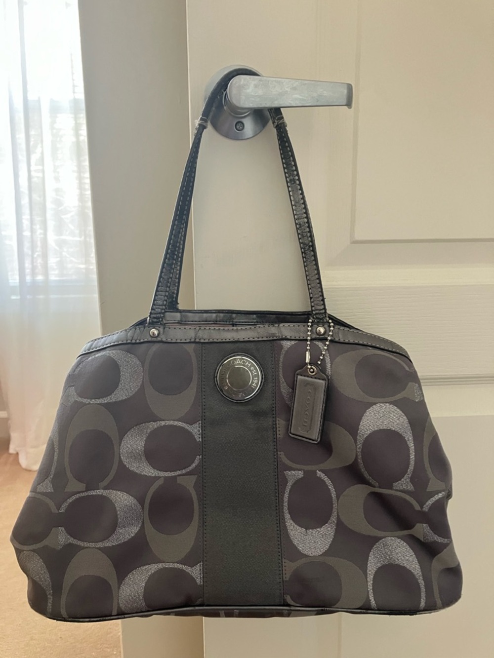 Coach Metallic Gray Signature Tote With Double Handles & Kiss Lock Closure